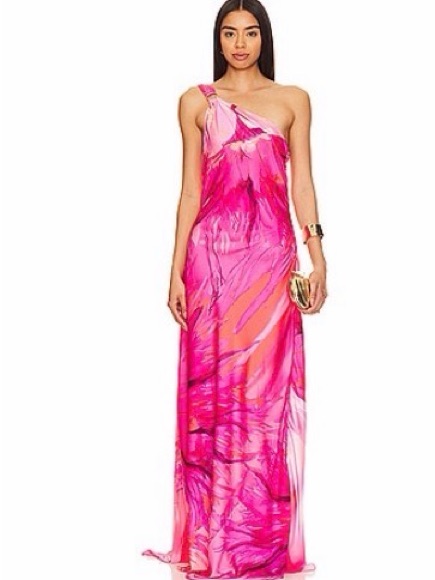 Hemant And Nandita One-Shoulder Fuchsia Marble Print Maxi Dress Size Medium